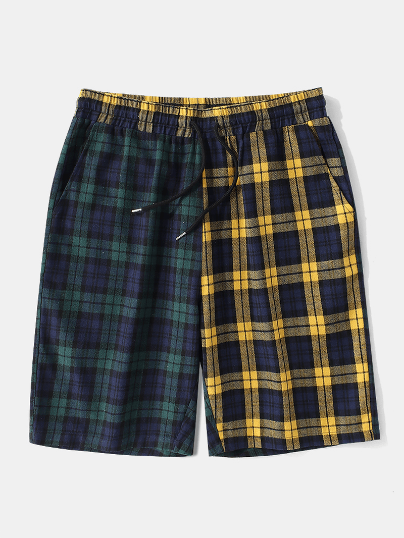 Mens 100% Cotton Plaid Drawstring Elastic Waist Shorts - MRSLM