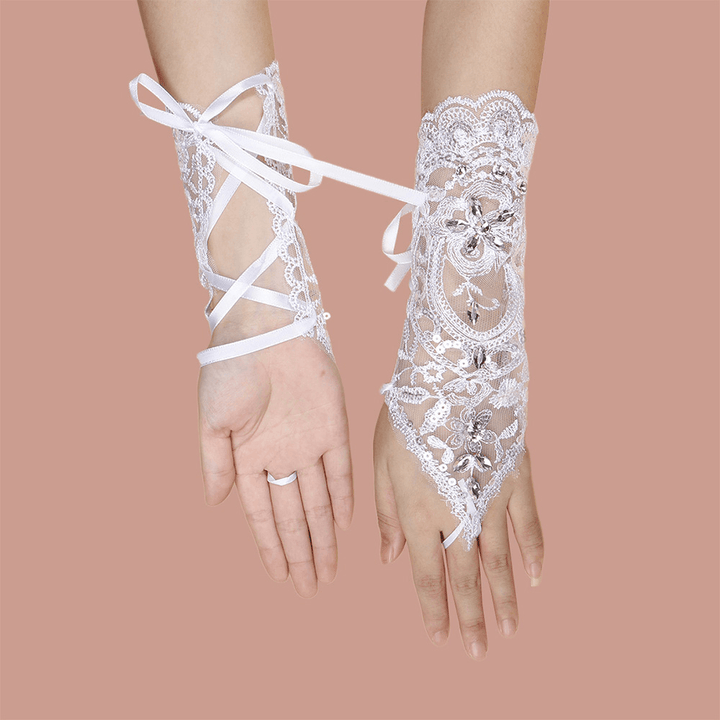 Women Lace Flowers with Rhinestone Bandage Split Finger Gloves Mid-Length Wild Mesh Breathable Sun Protection Sleeves - MRSLM