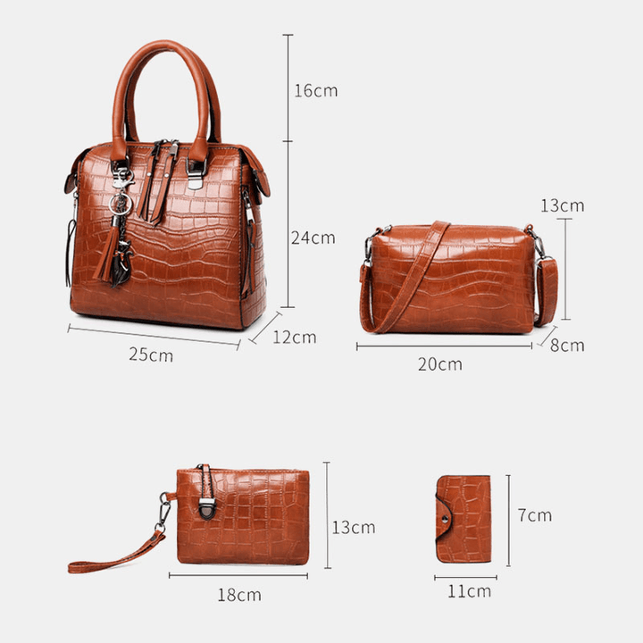 Women 4PCS Faux Leather Soft Solid Color Suit Handbag Crossbody Bag Clutch Bag Card Wallet - MRSLM