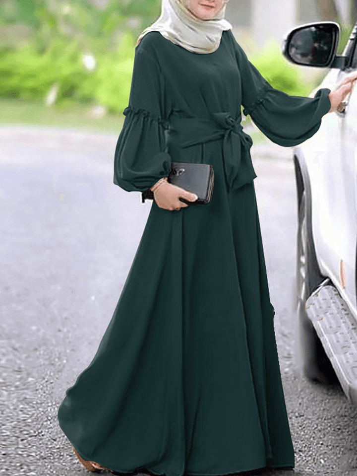 Women Long Sleeve Solid Color Belted O-Neck Button Maxi Dress - MRSLM