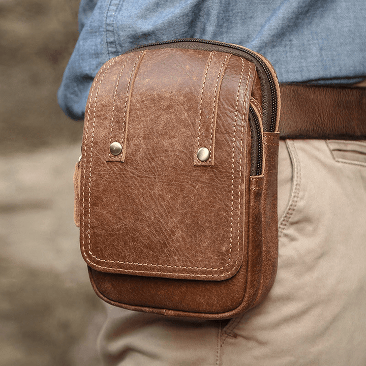 Men Matte Cowhide Waist Bag Multifunctional Large Capacity Vintage 6.3 Inch Phone Bag - MRSLM