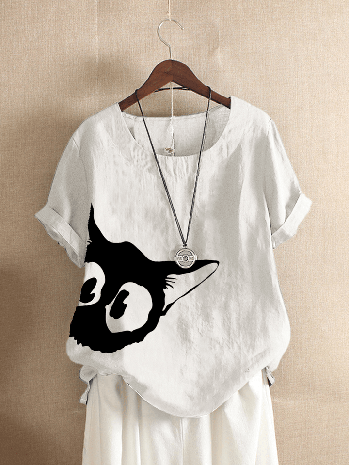 Cartoon Cat Printed O-Neck Short Sleeve Women Casual T-Shirts - MRSLM