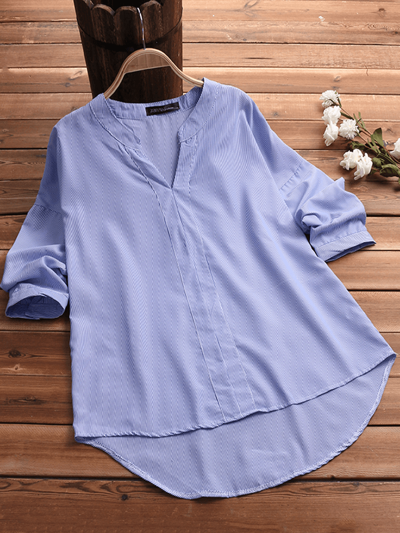 Women Striped V Neck Half Sleeve Loose Blouse - MRSLM