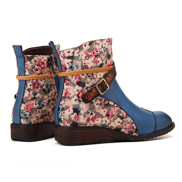 Women Retro Buckle Weaving Stitching Ankle Boots - MRSLM