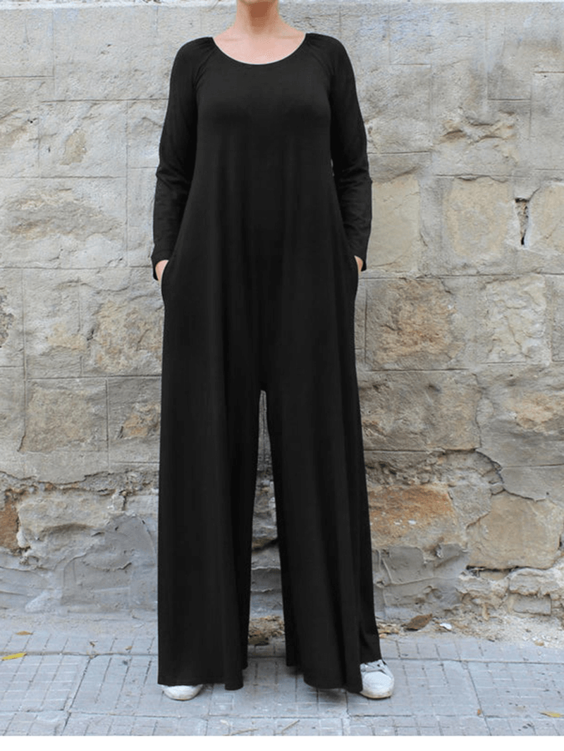 Women Solid Color round Neck Long Sleeve Wide Leg Jumpsuit with Side Pocket - MRSLM