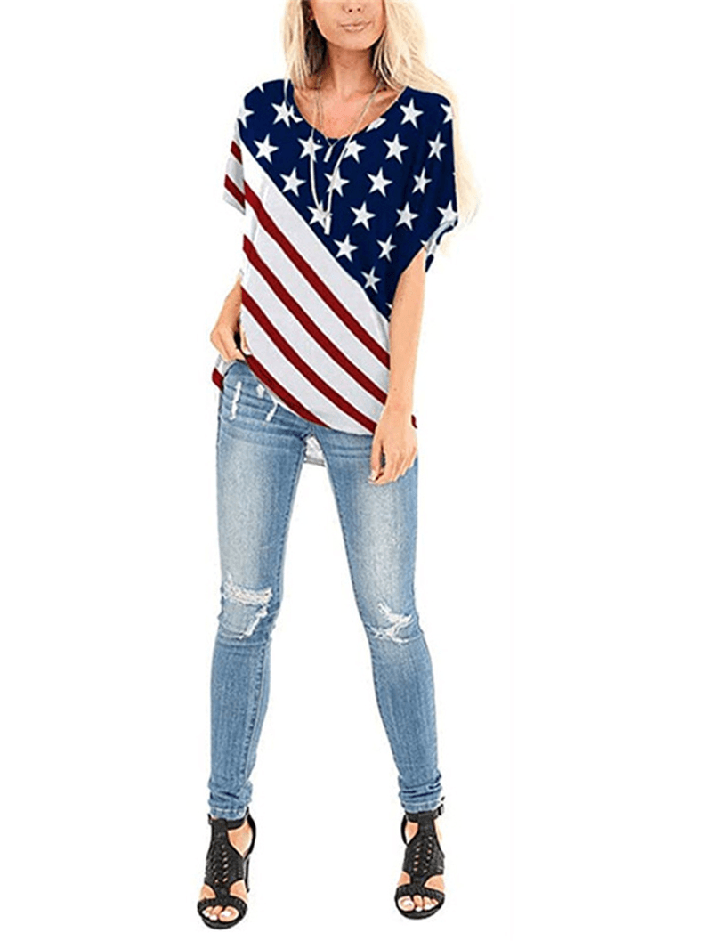 American Flag Star Print Independence Day Crew Neck Women Casual T-Shirts for Women - MRSLM