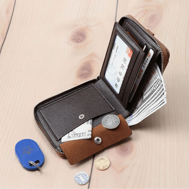 Men Faux Leather Retro Classical Draw Card Slot Bifold Zipepr Card Holder Wallet - MRSLM