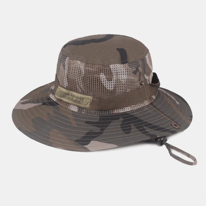 Men Camouflage Mesh Breathable Big Brim Outdoor Mountaineering Sunshade Bucket Hat - MRSLM