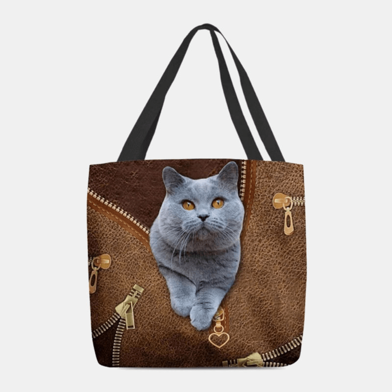 Women Canvas Cute 3D Three-Dimensional Cartoon Cat Pattern Casual Shoulder Bag Handbag Tote - MRSLM