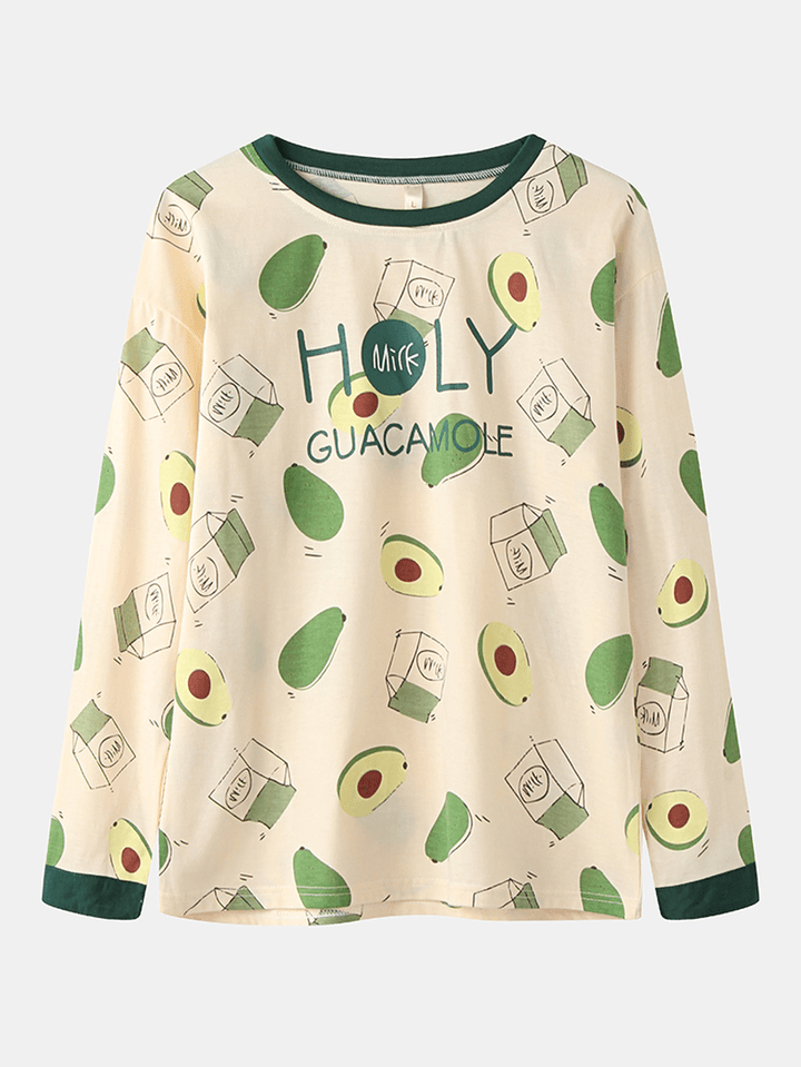 Women Cute Avocado Print O-Neck Cotton Long Sleeve Loose Two-Piece Lounge Home Pajamas Sets - MRSLM