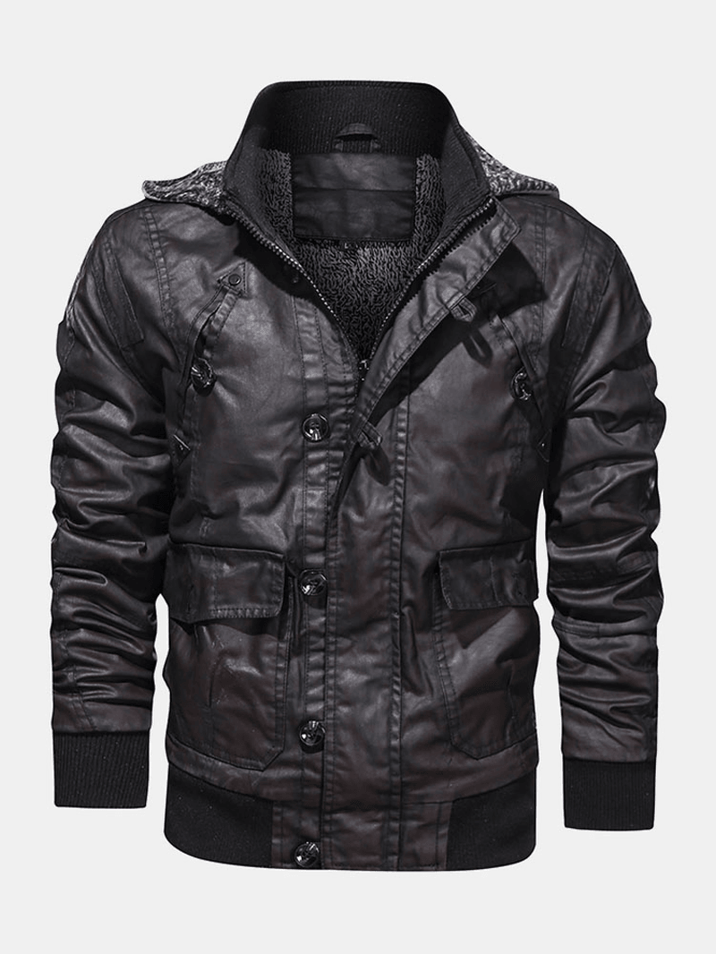 Mens Hooded Pocket PU Leather Motorcycle Jacket - MRSLM