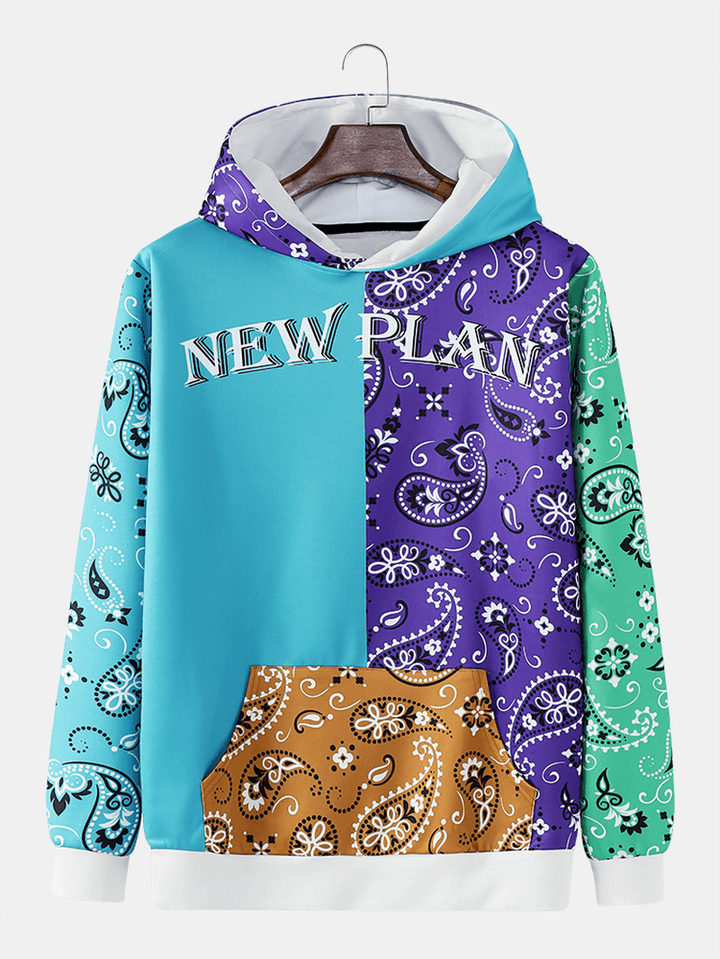 Men Paisley Patchwork Contrast Color Kangaroo Pocket Letter Hooded Sweatshirt - MRSLM