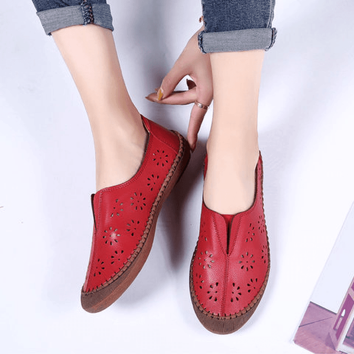 Women Genuine Leather Slip on Elastic Band Breathable Hollow Out Spring Causal Flats Loafers - MRSLM