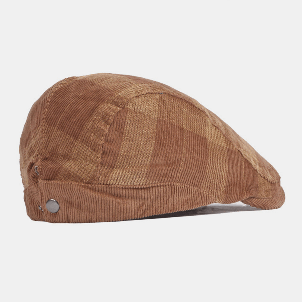 Unisex Corduroy Lattice Stripe Adjustable Beret Flat Cap British Retro Autumn Winter Wild Windproof Forward Hat - MRSLM