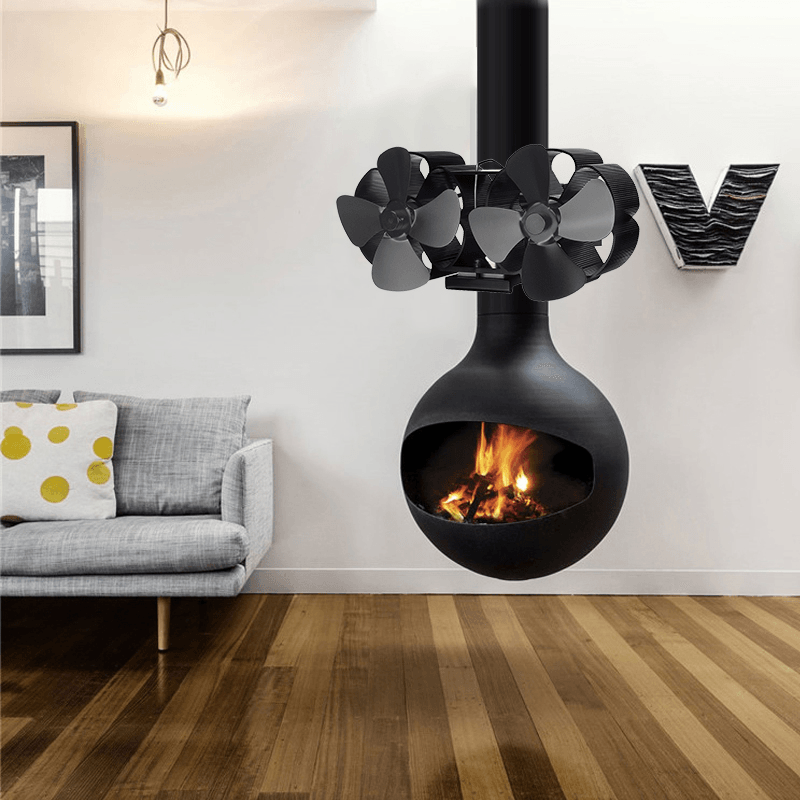 8 Blades Fireplace Fan Silent Stove Fan Dual Twin Heads Wall-Mounted Wood Burner Fan - MRSLM