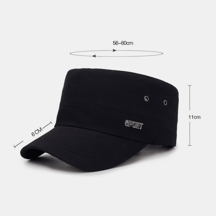 Men Solid Metal Letter Label Flat Top Cap Short Brim Outdoor Suncreen Military Cap Cadet Hat - MRSLM