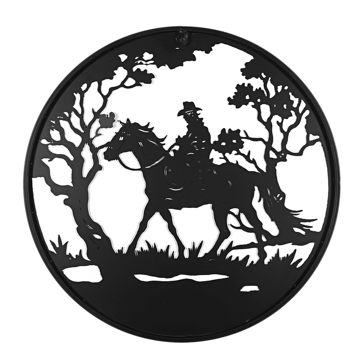 Man Riding Horse in Forest round Black Metal Wall Hanging Art Decoration Room - MRSLM