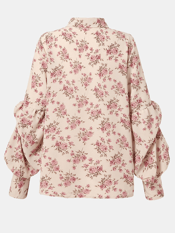 Women Floral Print Lapel Stitching Lantern Sleeve Casual Shirts - MRSLM