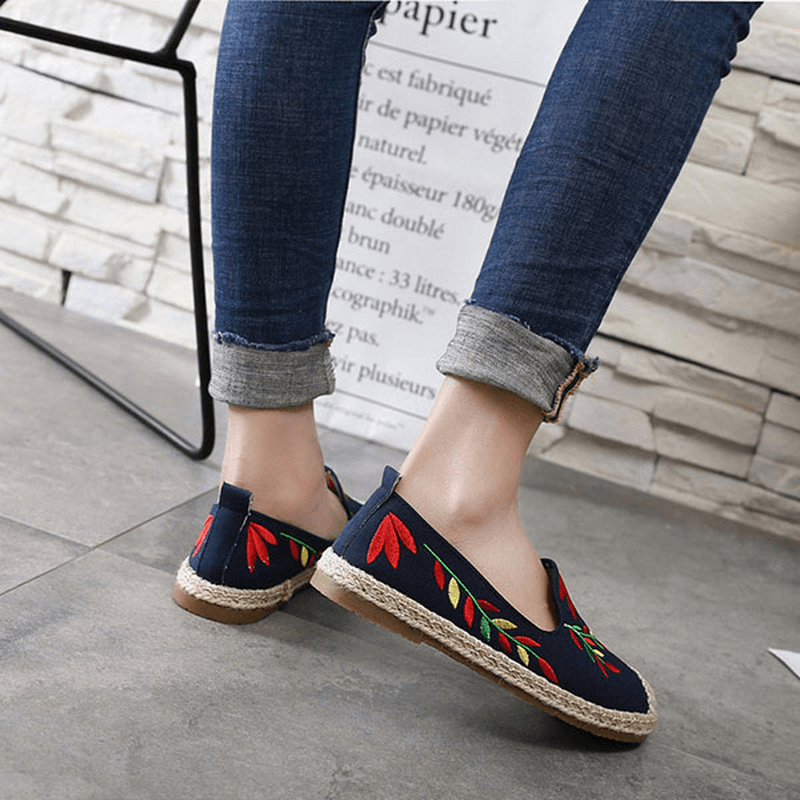 Women Casual Embroidered Flower Cloth Flat Loafers - MRSLM