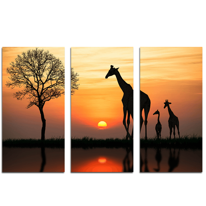 Miico Hand Painted Three Combination Decorative Paintings Giraffe in the Sunset Wall Art for Home Decoration - MRSLM