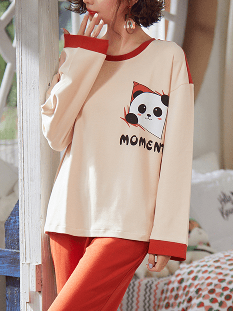 Women Cartoon Panda & Letter Print Long Sleeve Top Loose Pants Two Piece Home Pajama Set - MRSLM