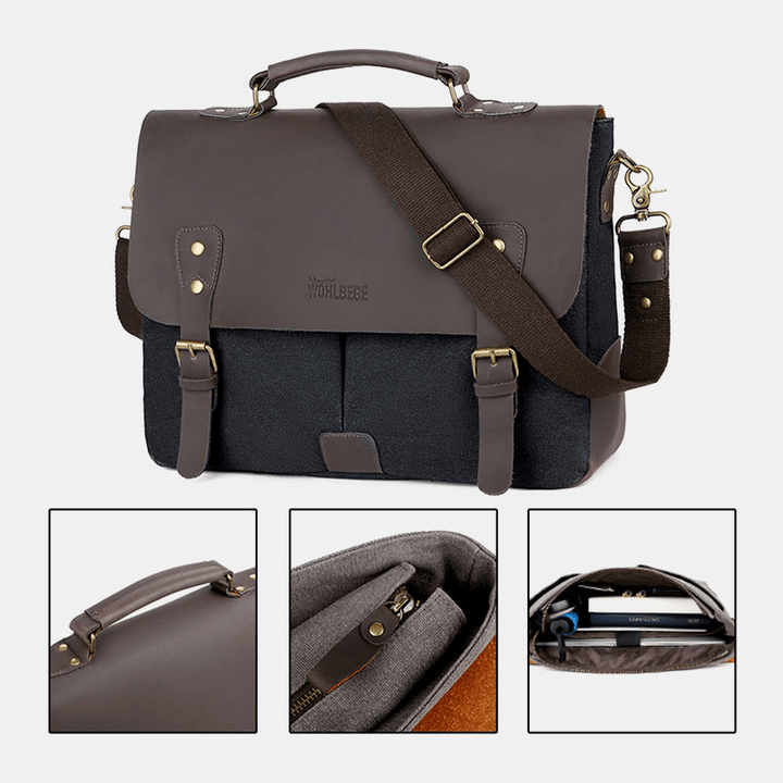 Men Canvas Large Capacity Cover Zipper Vintage Business Messenger Bag Laptop Bag Crossbody Bag Handbag - MRSLM