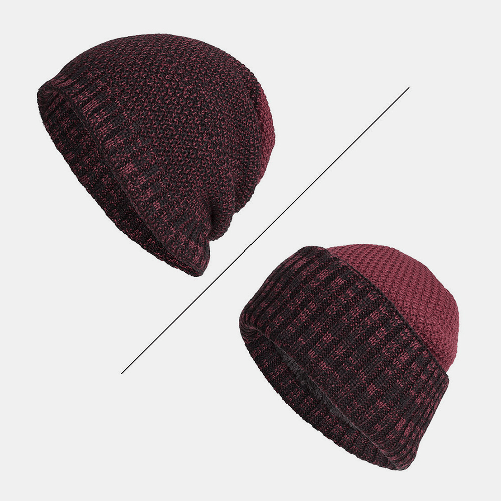 Men Polyester Cotton Autumn Winter plus Velvet Warmth Dual-Use Two-Color Knitted Hat Beanie Hat - MRSLM