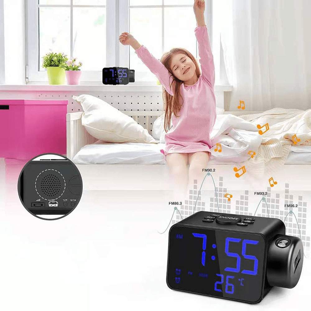 Multifunctional Projection Radio Alarm Clock USB Rechargeable LED Projection 180 Degree Rotating High Sound Quality Radio Alarm Clock - MRSLM