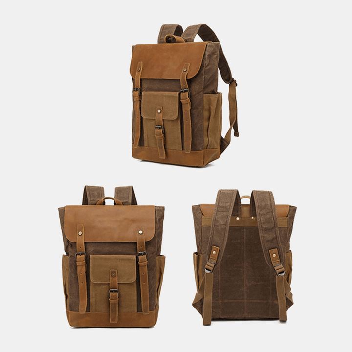 Men Retro Vintage Canvas Leather Backpack Sports Climbing Bag Travel Anti-Theft Backpack - MRSLM