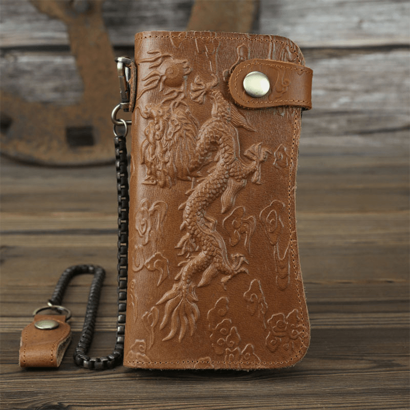 Men Genuine Leather 3D Dragon Tiger Pattern RFID Anti-Theft Retro Multi-Slot Card Holder Wallet with Key Ring - MRSLM