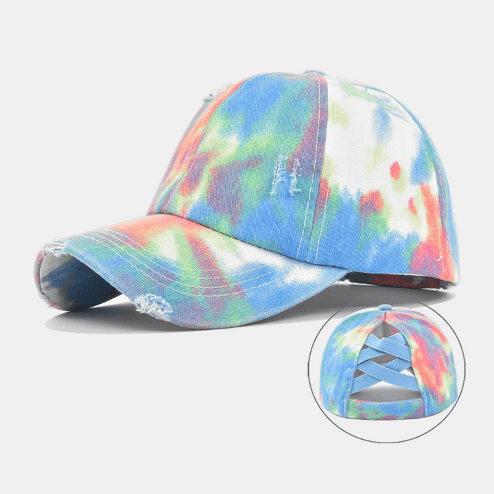 Unisex Colored Tie-Dye Ponytail Baseball Cap Broken Hole Big Brim Breathable Stretch Fit Cap - MRSLM