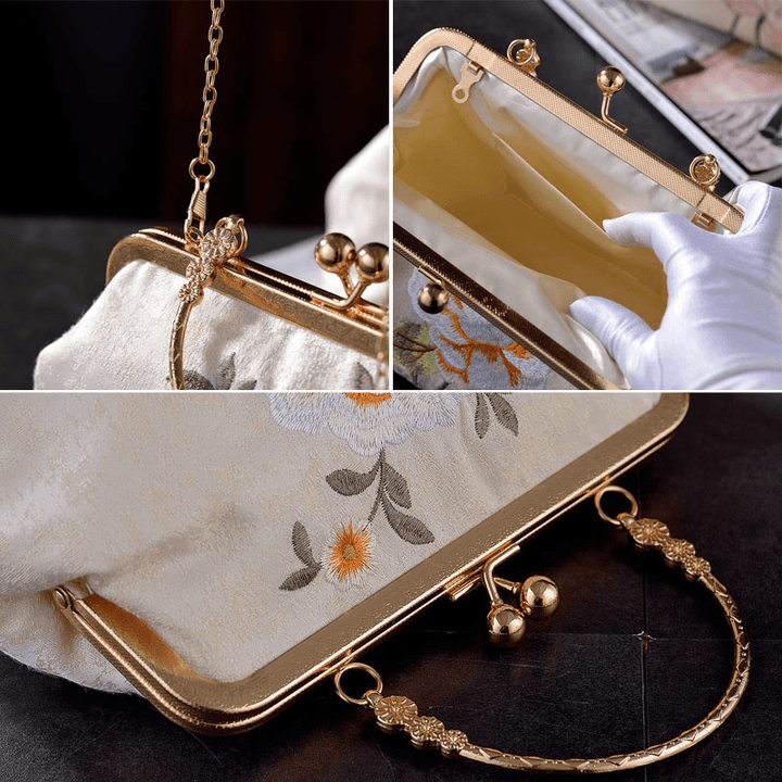 Women Elegant Chinese Style Flower Pattern Embroidery Handbag Exquisite Hardware Design Fine Texture Fabric Cheongsam Clutch Bag - MRSLM