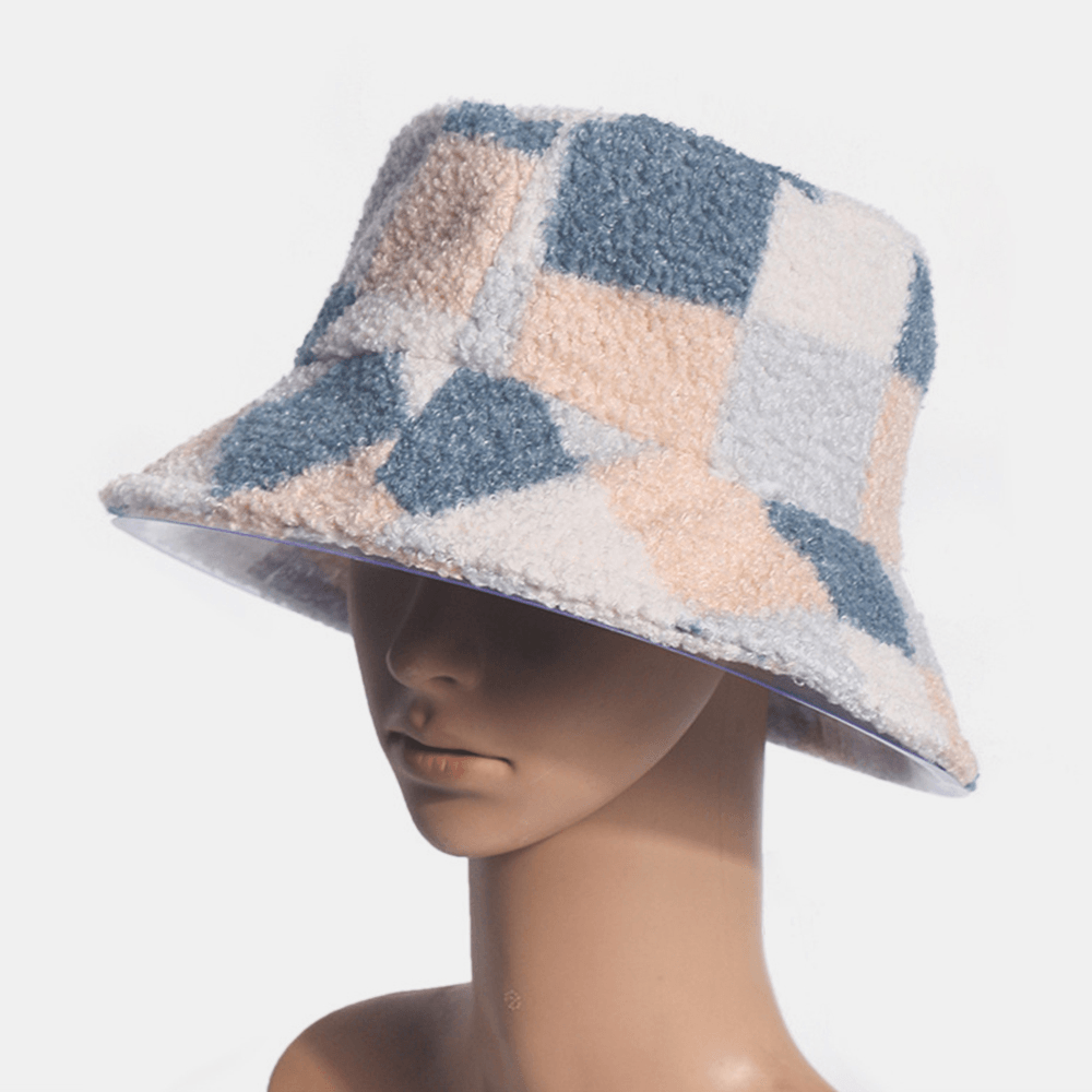 Women Cotton Lamb Hair Warm Casual Fashion All-Match Lattice Pattern Bucket Hat - MRSLM