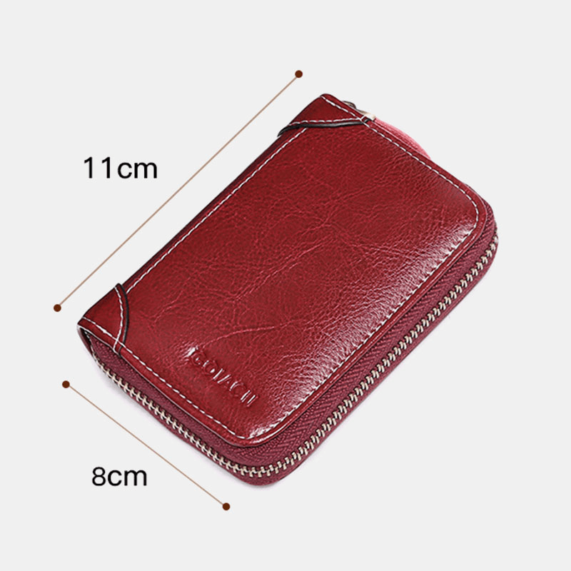 Women 12 Card Slots Rfid Genuine Leather Short Zipper Coin Purse Wallet - MRSLM