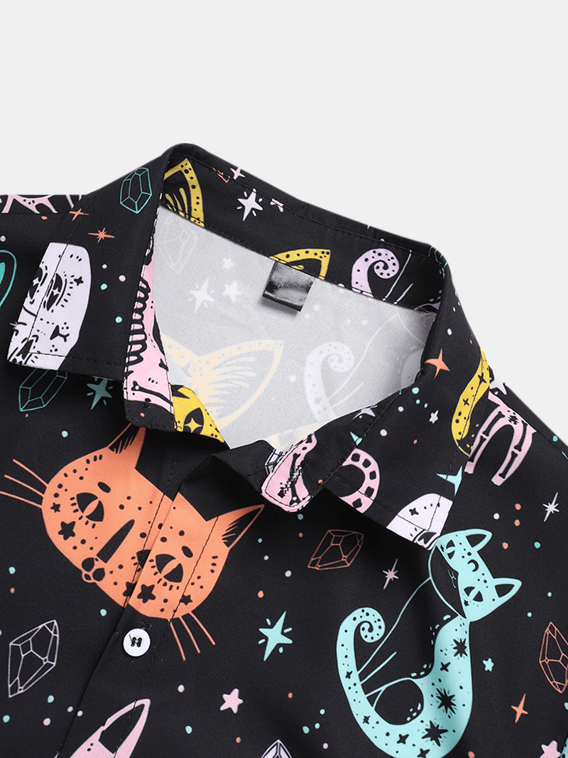 Mens Colorful Cartoon Cat Print Lapel Short Sleeve Shirt - MRSLM