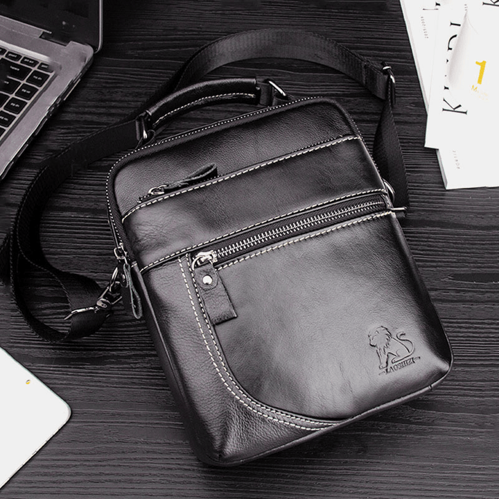 Men Genuine Leather Retro Business Casual Solid Color Leather Cowhide Shoulder Bag Crossbody Bag - MRSLM