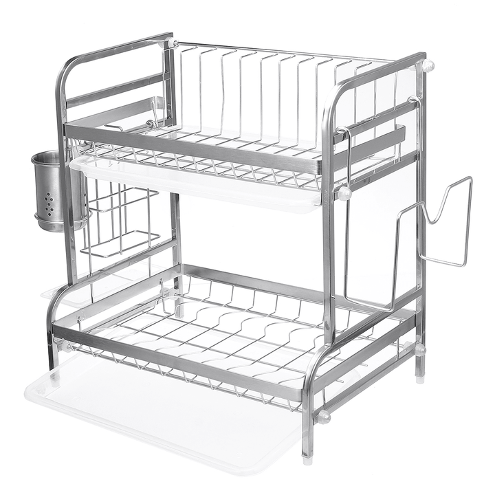 2 Tier Stainless Steel Drain Dish Rack Tableware Cutlery Drain Rack Kitchen Shelf Rack - MRSLM