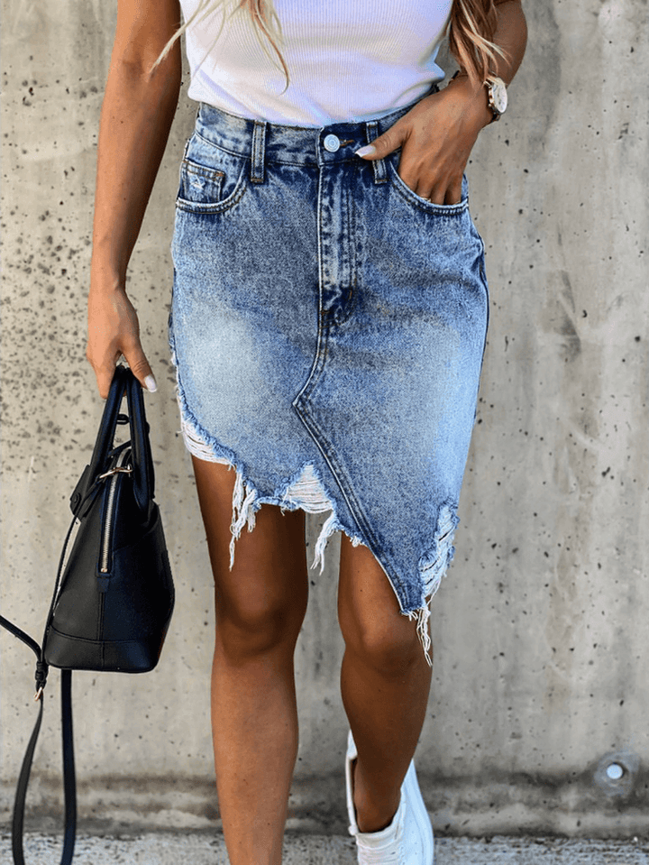 Women Pocket Irregular Hem High Waist Ripped Denim Skirts - MRSLM