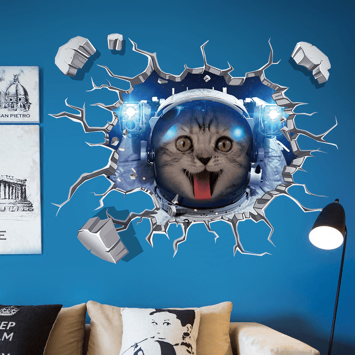 Miico Creative 3D Space Astronaut Cat Broken Wall PVC Removable Home Room Decorative Wall Floor Decor Sticker - MRSLM