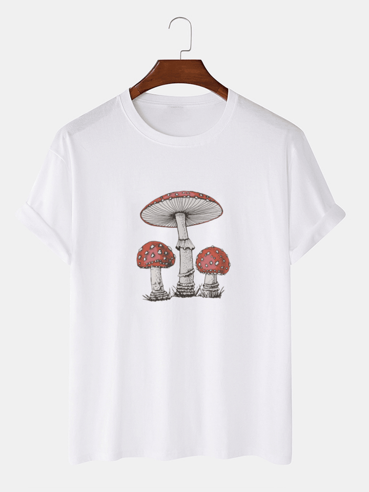 Mens 100% Cotton Cartoon Mushroom Print Short Sleeve T-Shirts - MRSLM