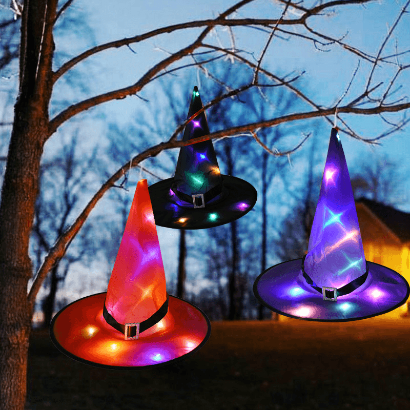 Halloween LED Costume Props Witch Hats LED Lights Cap for Halloween Outdoor Tree Hanging Ornament Home Glow Party Decor - MRSLM