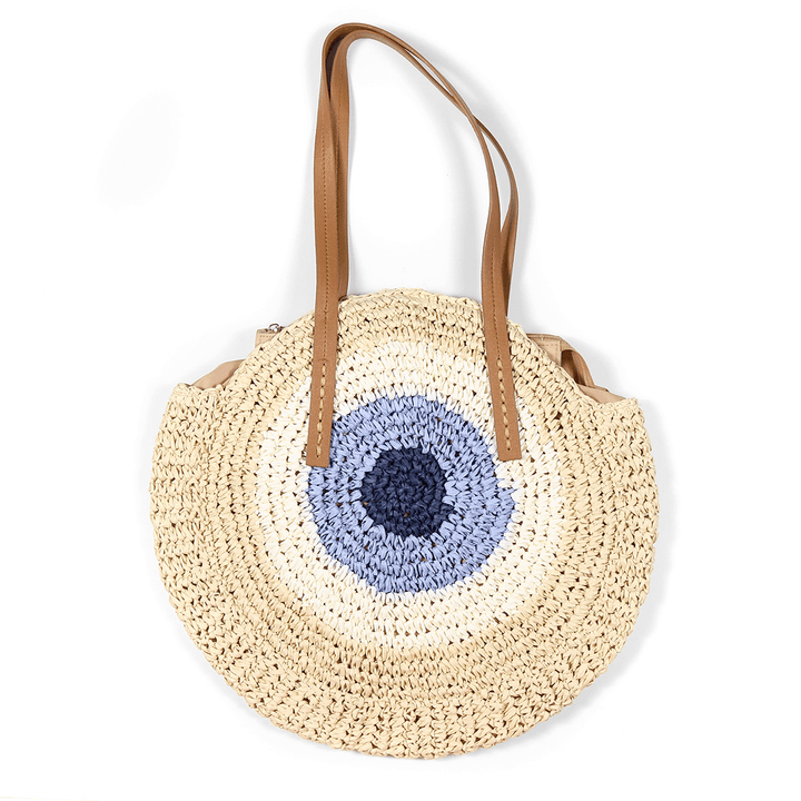 Women Beach round Straw Bag Bucket Rattan Woven Handbag Shoulder Bag Outdoor Travel - MRSLM