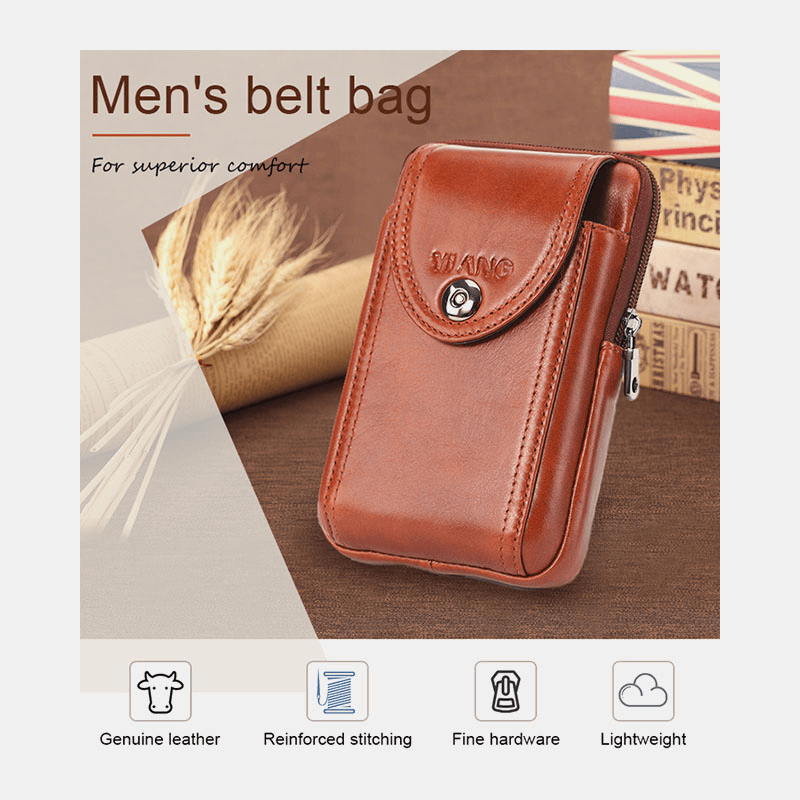 Men Genuine Leather Vintage Waist Bag Belt Bag Phone Bag - MRSLM