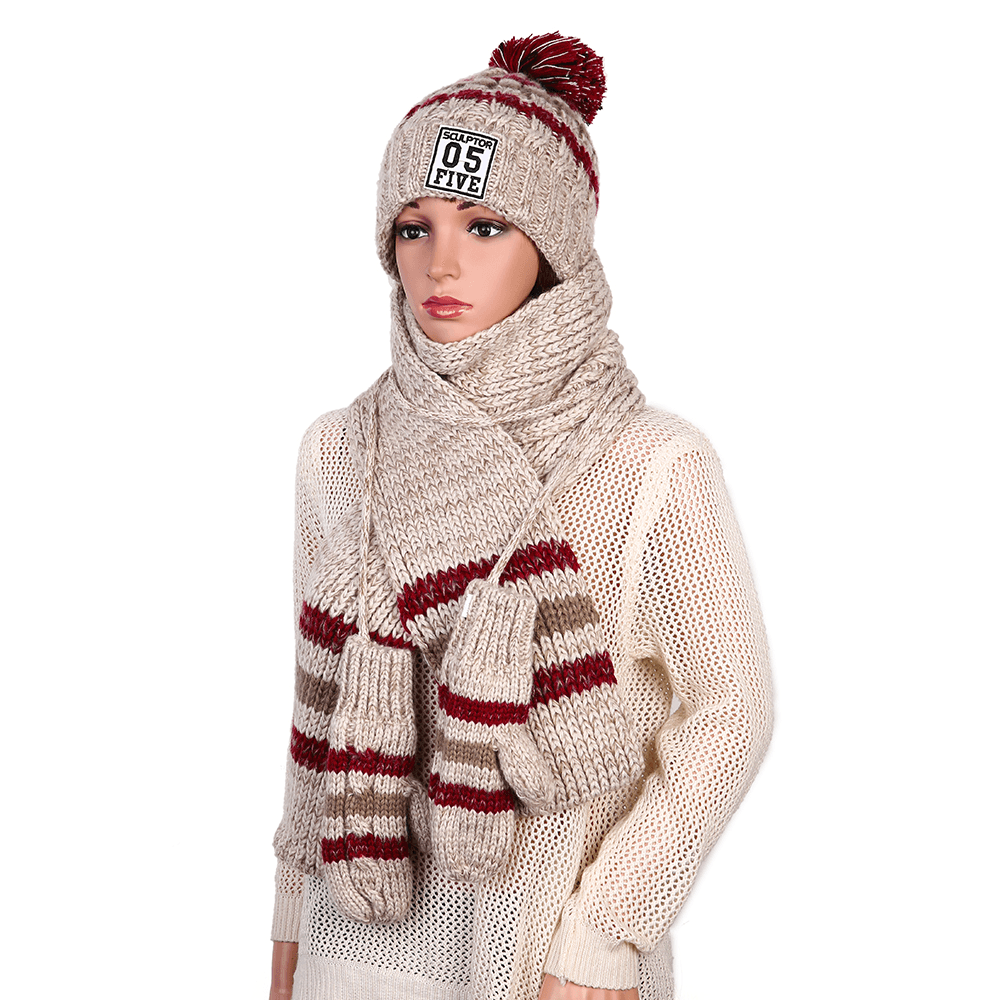 Women'S Chic Full Handmade Knitting Three-Piece Set Warm Thickened Christmas Knit Hat Scarf Gloves - MRSLM