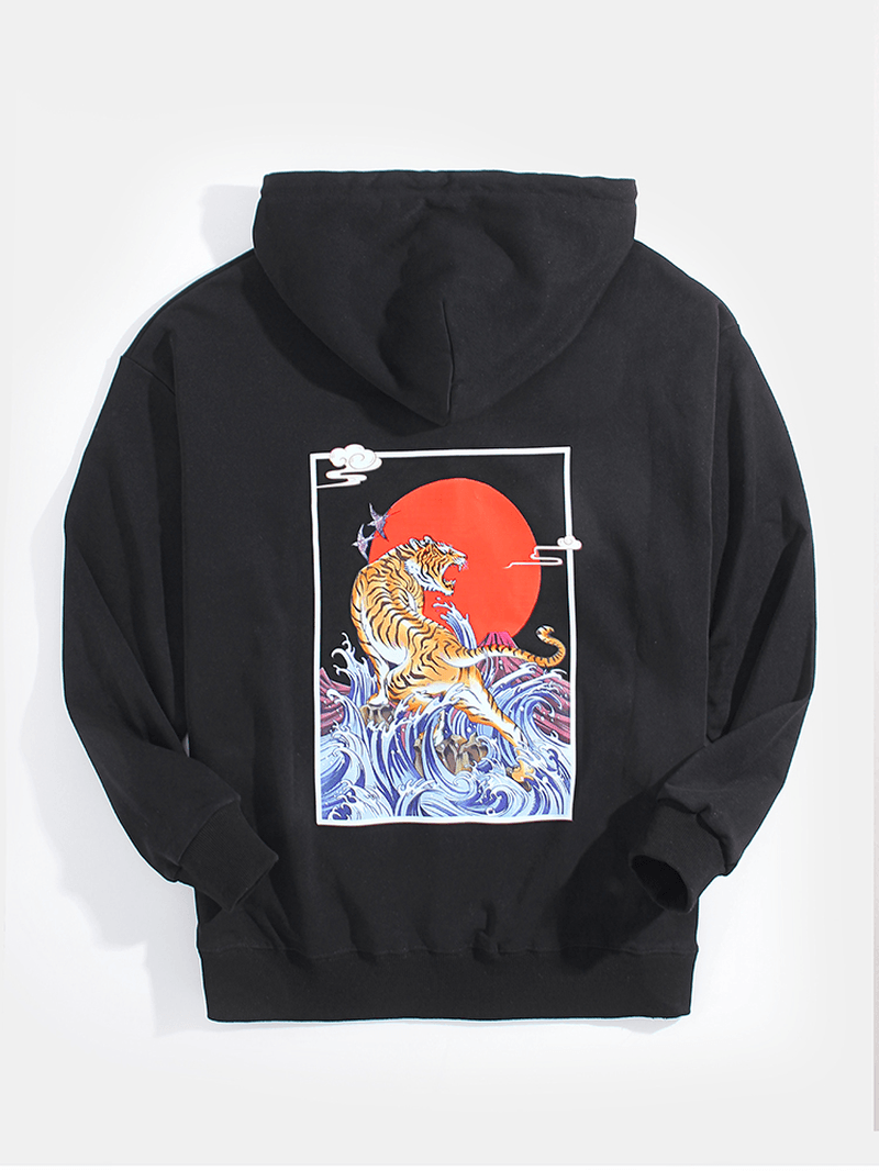 Mens Ukiyoe Tiger Back Graphics Pocket Drawstring Hoodies - MRSLM