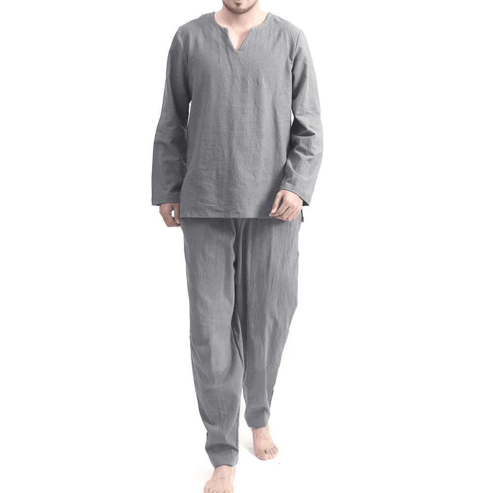 TWO-SIDED Mens Cotton Comfy Soft Solid Color Long Sleeve Sleepwear Set Yoga Pajamas Set - MRSLM