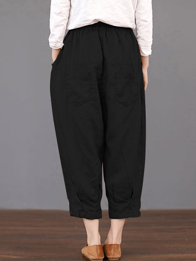 Women Solid Color Elastic Waist Loose Cotton Pants - MRSLM