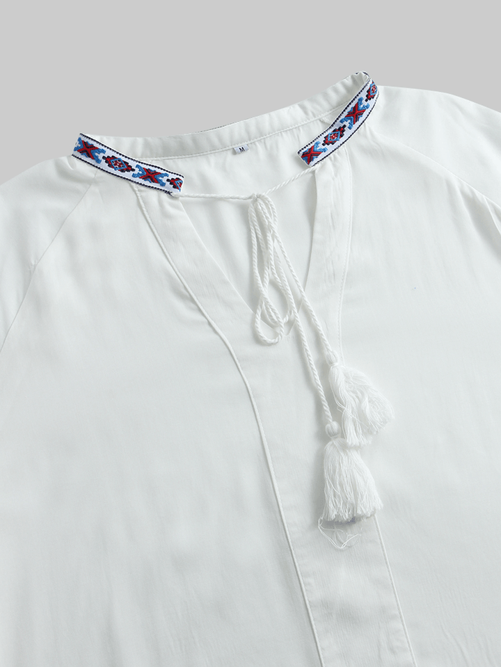 Flower Embroidery V-Neck Drawstring Cuffs Casual Blouse - MRSLM