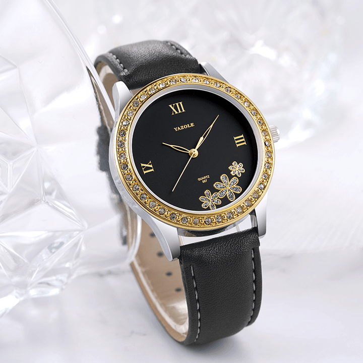 Yazole 557 Fashion Elegant Flower Rhinestone Decoration Dial Genuine Leather Strap 3ATM Waterproof Female Wristwatch Quartz Watch - MRSLM