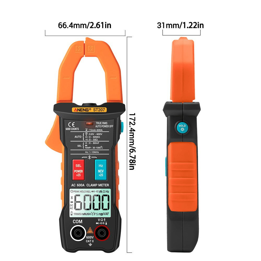 ANENG ST207 Digital Bluetooth Multimeter Clamp Meter 6000 Counts True RMS DC/AC Voltage Tester AC Current Hz Capacitance Ohm - MRSLM